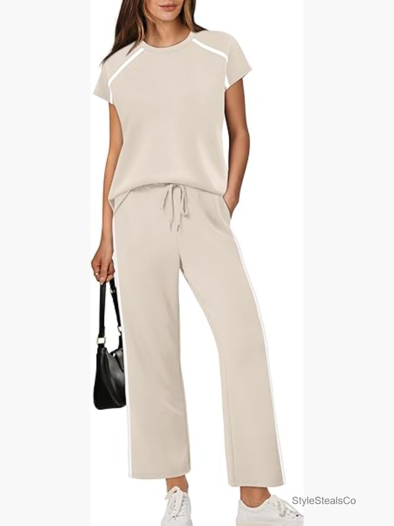 Large 2-Piece Set Crew Neck Cap Sleeve Top Wide Leg Pants Lightweight